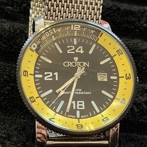 Croton Black/Yellow Dial All Stainless Steel Mesh Bracelet Needs Batt.  CN307148